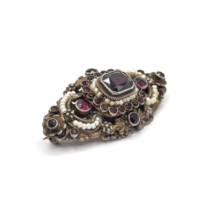 Austro Hungarian Garnet, Paste & Seed Pearl Brooch in Gilt Silver
