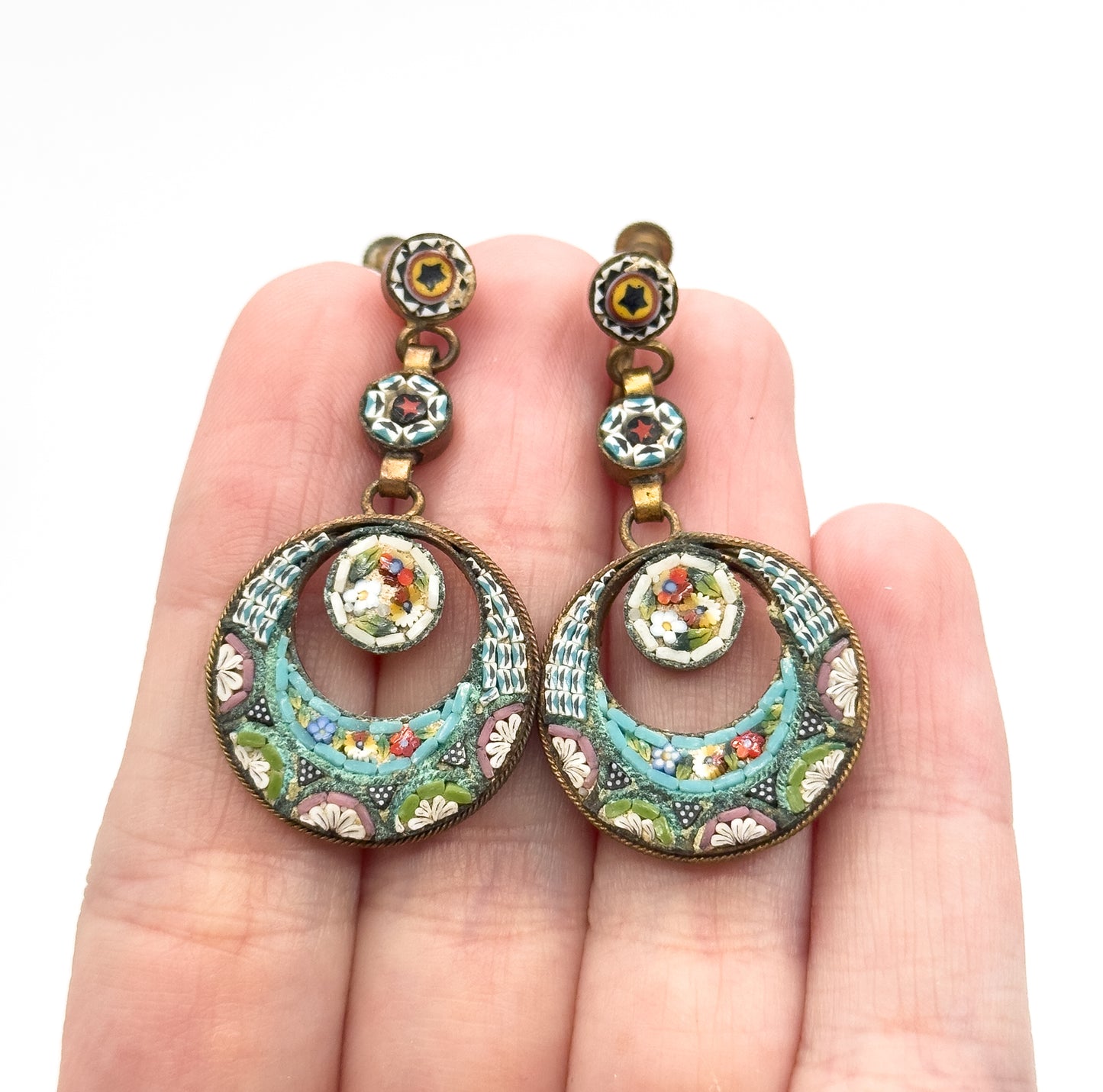 Vintage Italian Mosaic Glass Crescent Earrings in Base Metal - AS IS