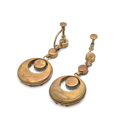 Vintage Italian Mosaic Glass Crescent Earrings in Base Metal - AS IS