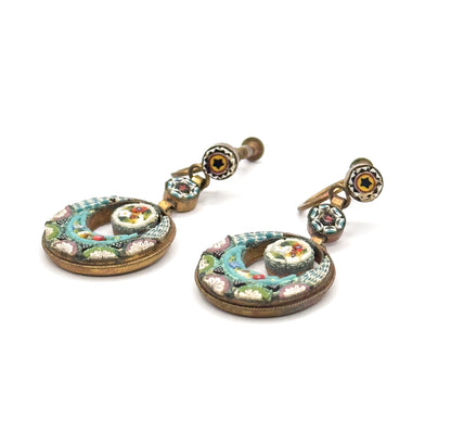 Vintage Italian Mosaic Glass Crescent Earrings in Base Metal - AS IS
