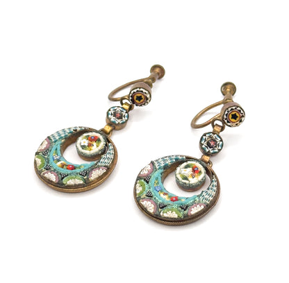 Vintage Italian Mosaic Glass Crescent Earrings in Base Metal - AS IS