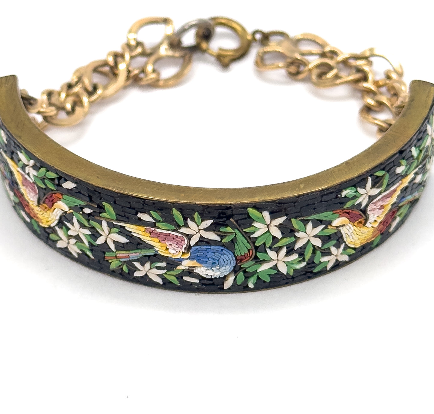 Vintage MicroMosaic Bird Inlay Bracelet in Gold Tone Metal - Costume