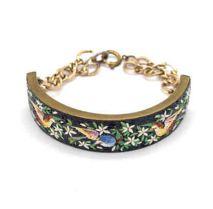 Vintage MicroMosaic Bird Inlay Bracelet in Gold Tone Metal - Costume