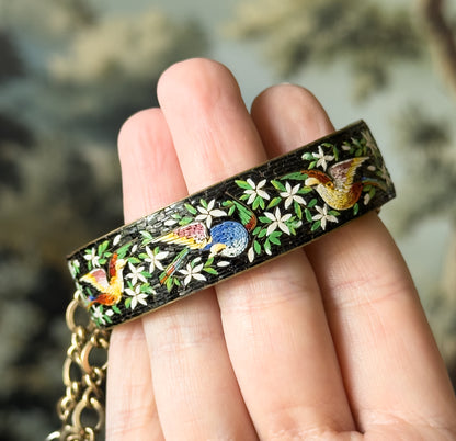 Vintage MicroMosaic Bird Inlay Bracelet in Gold Tone Metal - Costume