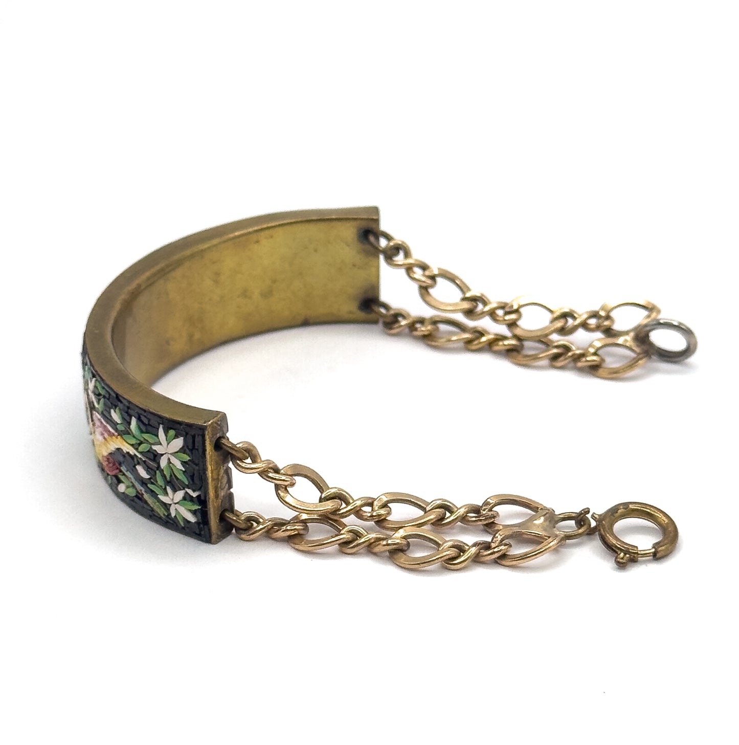 Vintage MicroMosaic Bird Inlay Bracelet in Gold Tone Metal - Costume