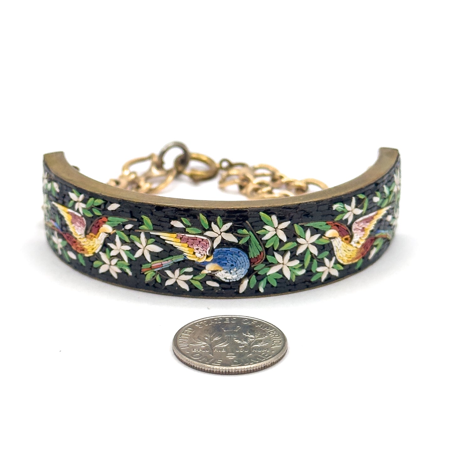Vintage MicroMosaic Bird Inlay Bracelet in Gold Tone Metal - Costume