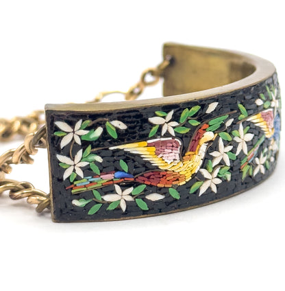 Vintage MicroMosaic Bird Inlay Bracelet in Gold Tone Metal - Costume