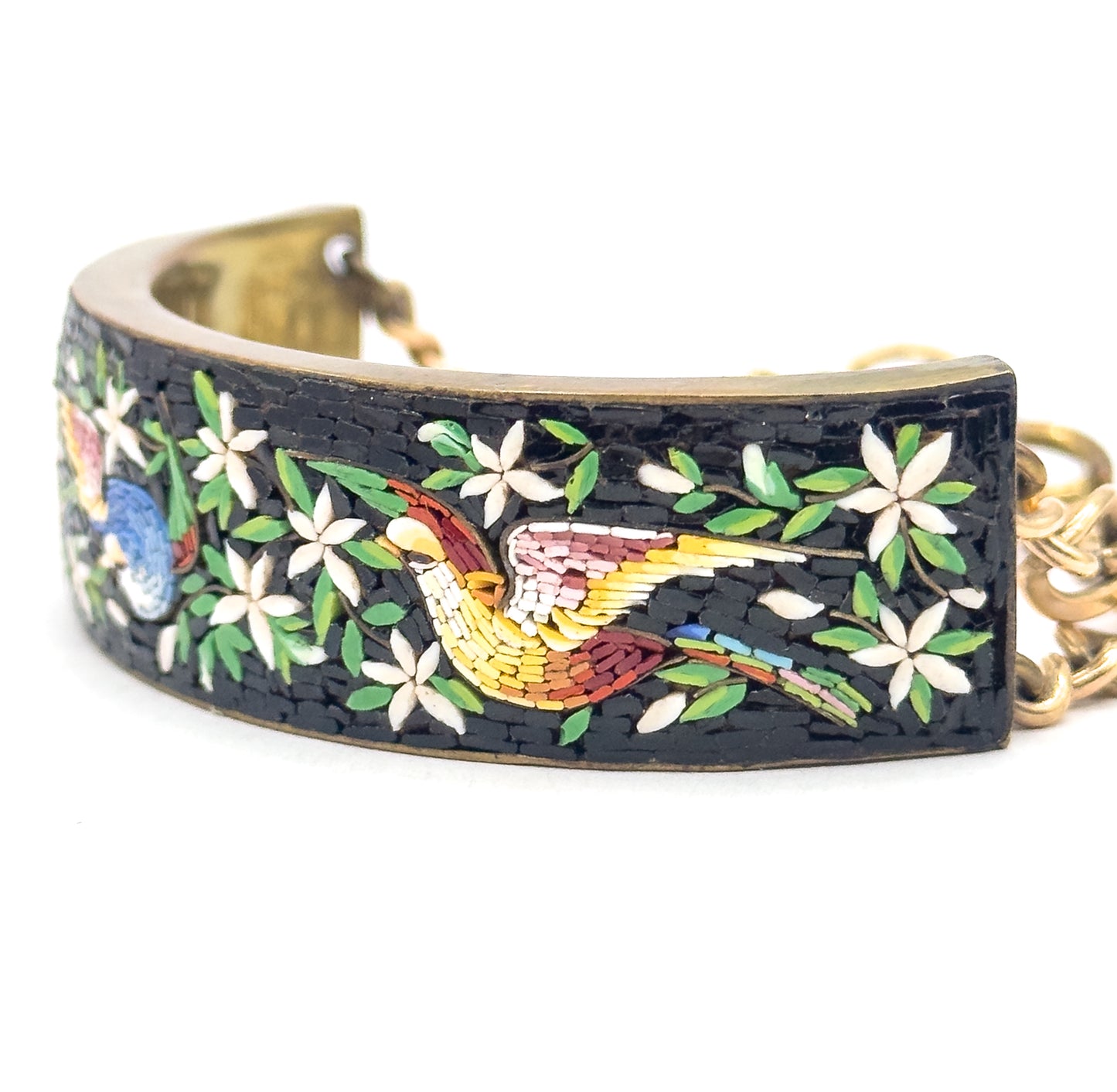 Vintage MicroMosaic Bird Inlay Bracelet in Gold Tone Metal - Costume