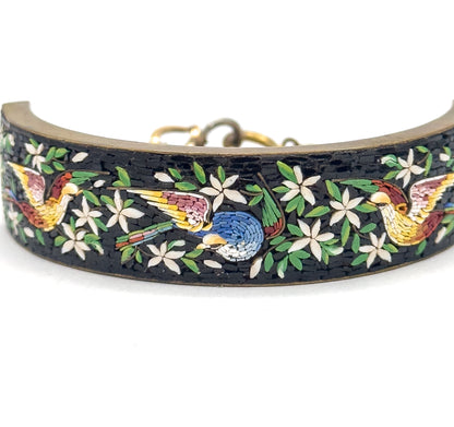Vintage MicroMosaic Bird Inlay Bracelet in Gold Tone Metal - Costume
