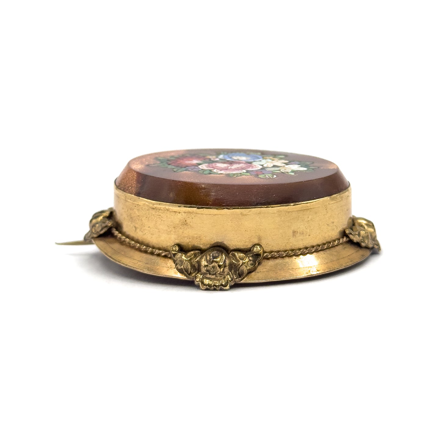 Victorian Goldstone Micromosaic Floral Brooch in Gold Tone Metal