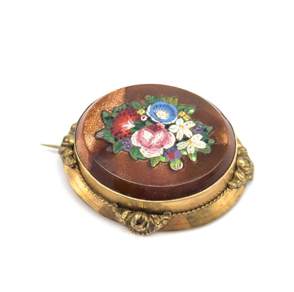 Victorian Goldstone Micromosaic Floral Brooch in Gold Tone Metal