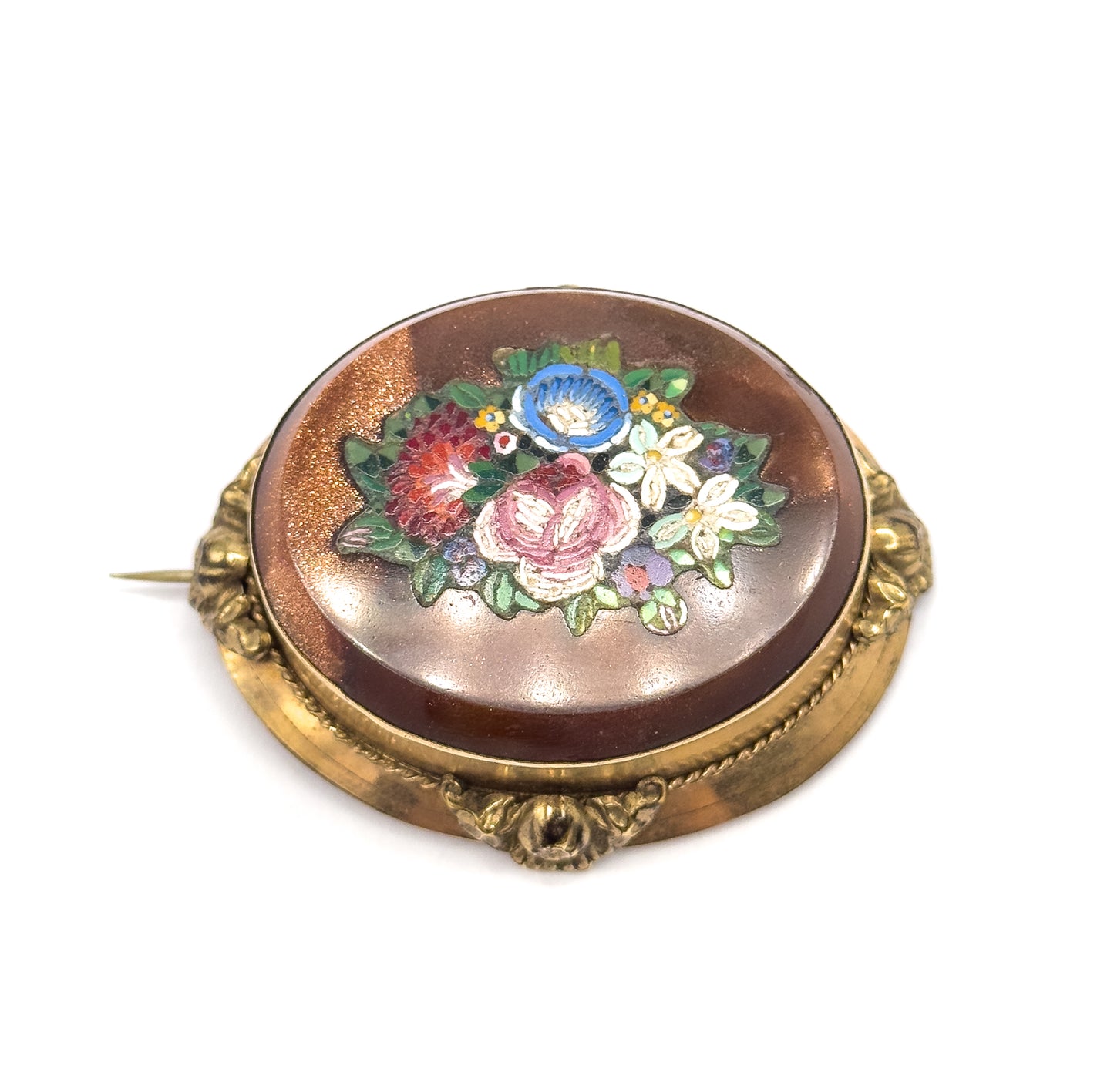 Victorian Goldstone Micromosaic Floral Brooch in Gold Tone Metal