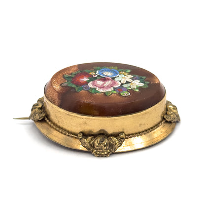 Victorian Goldstone Micromosaic Floral Brooch in Gold Tone Metal