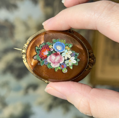 Victorian Goldstone Micromosaic Floral Brooch in Gold Tone Metal