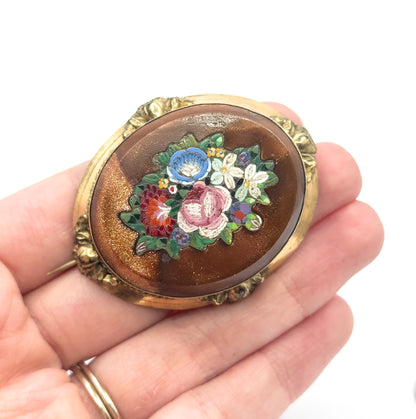 Victorian Goldstone Micromosaic Floral Brooch in Gold Tone Metal