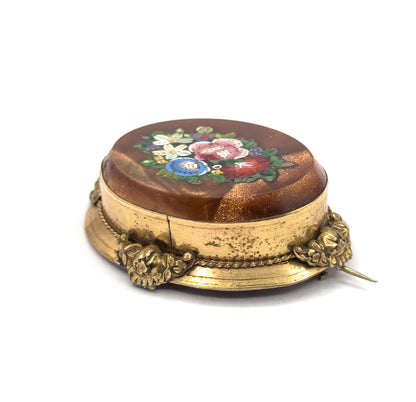 Victorian Goldstone Micromosaic Floral Brooch in Gold Tone Metal
