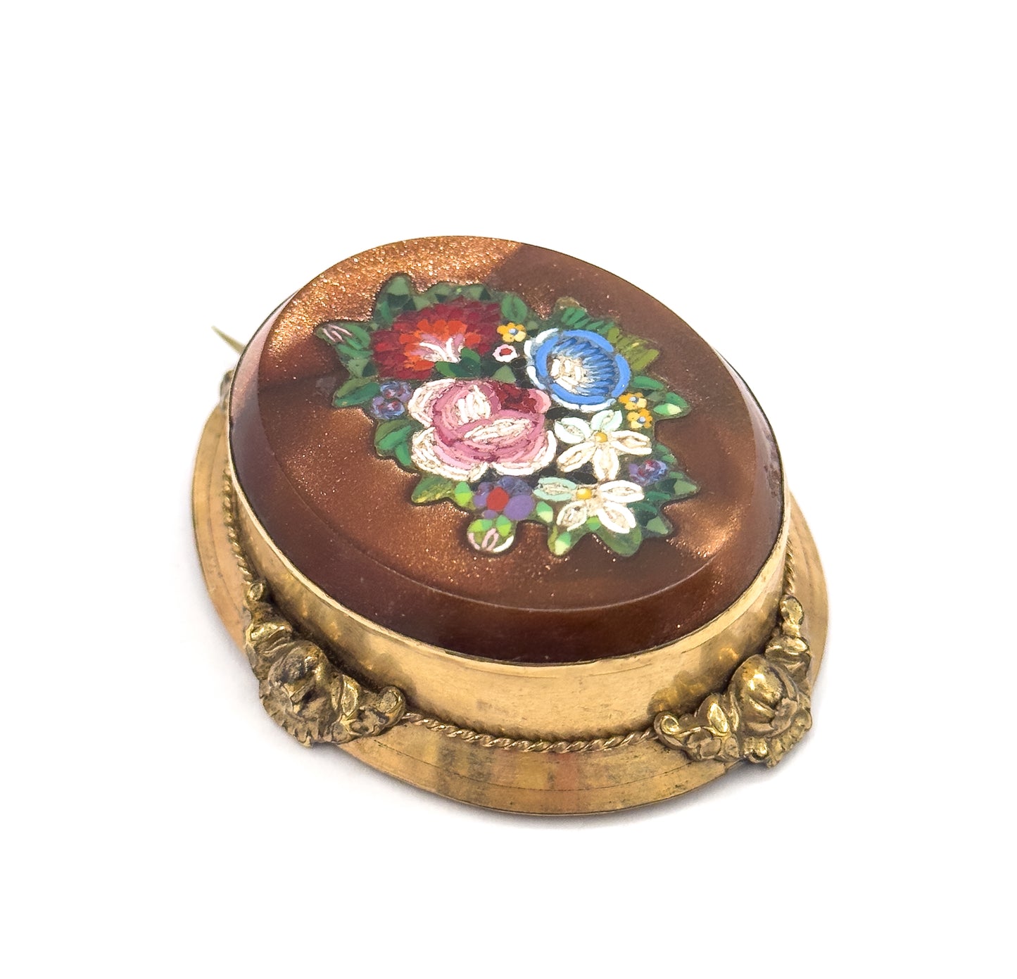 Victorian Goldstone Micromosaic Floral Brooch in Gold Tone Metal