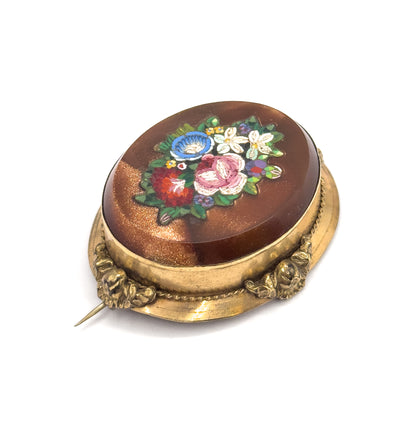 Victorian Goldstone Micromosaic Floral Brooch in Gold Tone Metal