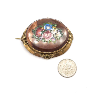 Victorian Goldstone Micromosaic Floral Brooch in Gold Tone Metal