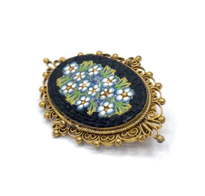 Vintage Micromosaic Forget-Me-Not Brooch in Gold Tone Metal - Costume
