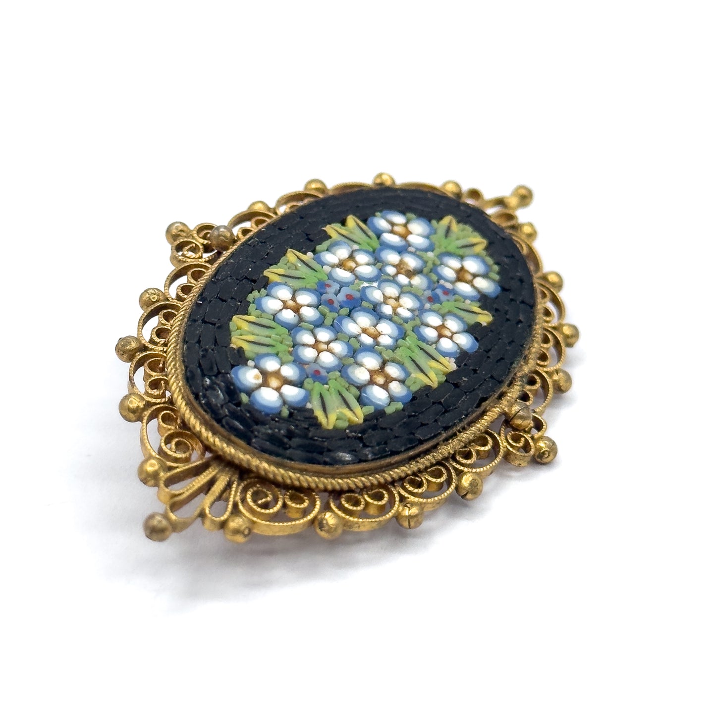Vintage Micromosaic Forget-Me-Not Brooch in Gold Tone Metal - Costume