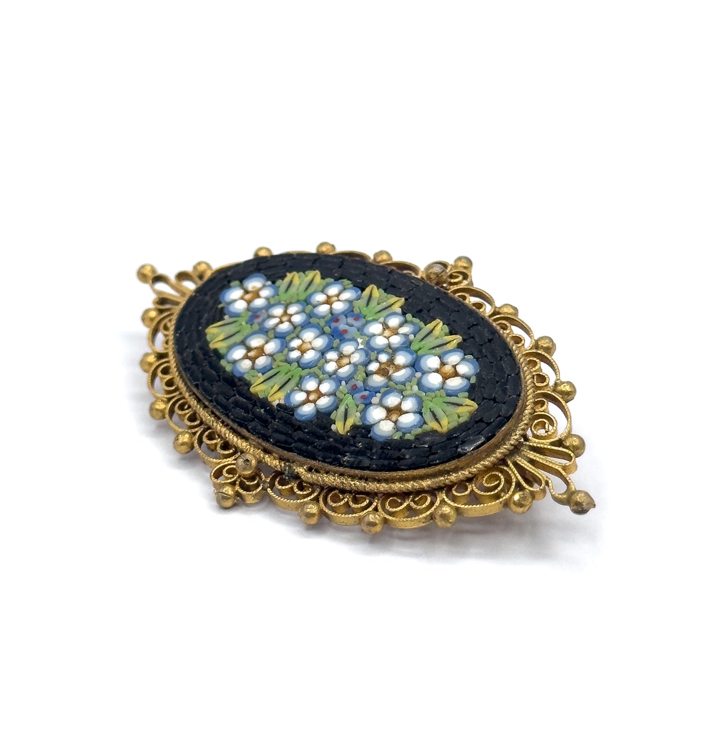 Vintage Micromosaic Forget-Me-Not Brooch in Gold Tone Metal - Costume