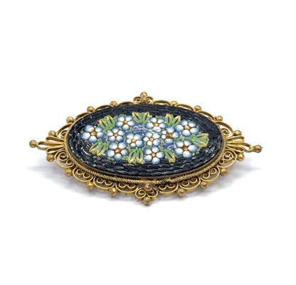 Vintage Micromosaic Forget-Me-Not Brooch in Gold Tone Metal - Costume