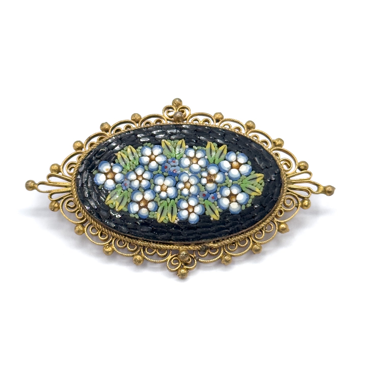 Vintage Micromosaic Forget-Me-Not Brooch in Gold Tone Metal - Costume