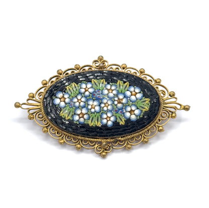 Vintage Micromosaic Forget-Me-Not Brooch in Gold Tone Metal - Costume