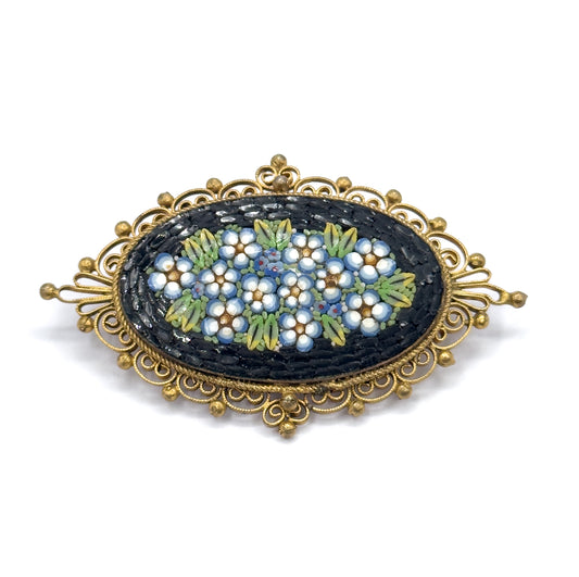 Vintage Micromosaic Forget-Me-Not Brooch in Gold Tone Metal - Costume