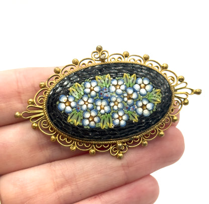 Vintage Micromosaic Forget-Me-Not Brooch in Gold Tone Metal - Costume