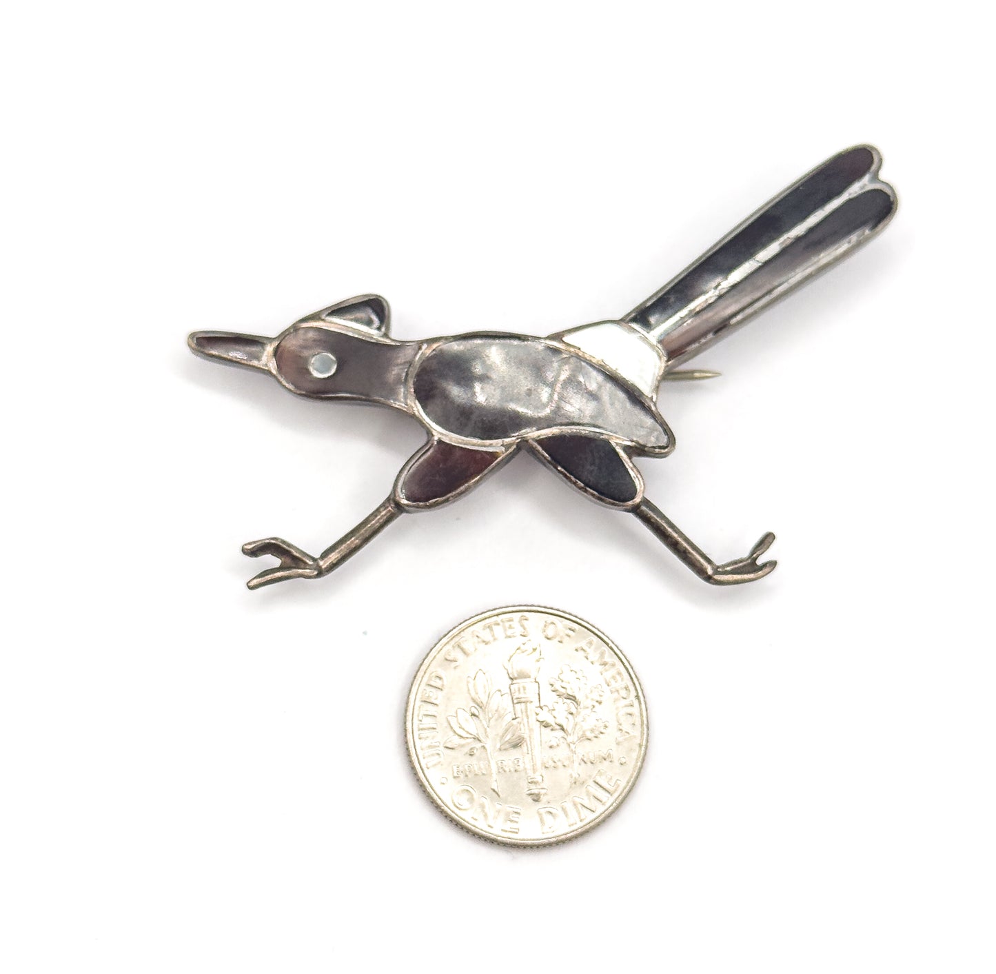 Native American Mother of Pearl & Tortoiseshell Roadrunner Bird Brooch in Silver