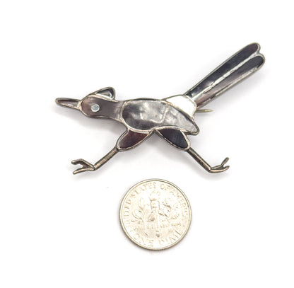 Native American Mother of Pearl & Tortoiseshell Roadrunner Bird Brooch in Silver
