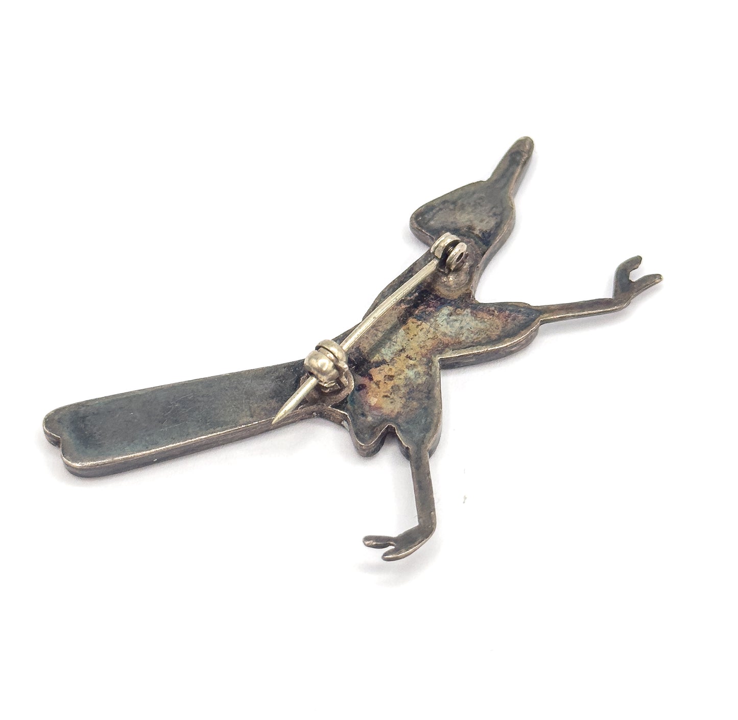 Native American Mother of Pearl & Tortoiseshell Roadrunner Bird Brooch in Silver