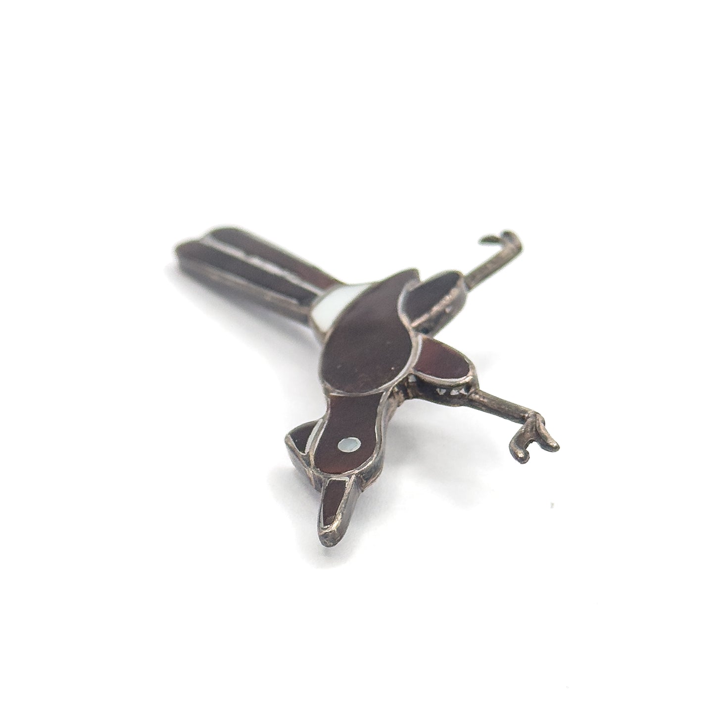 Native American Mother of Pearl & Tortoiseshell Roadrunner Bird Brooch in Silver