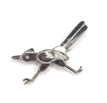 Native American Mother of Pearl & Tortoiseshell Roadrunner Bird Brooch in Silver