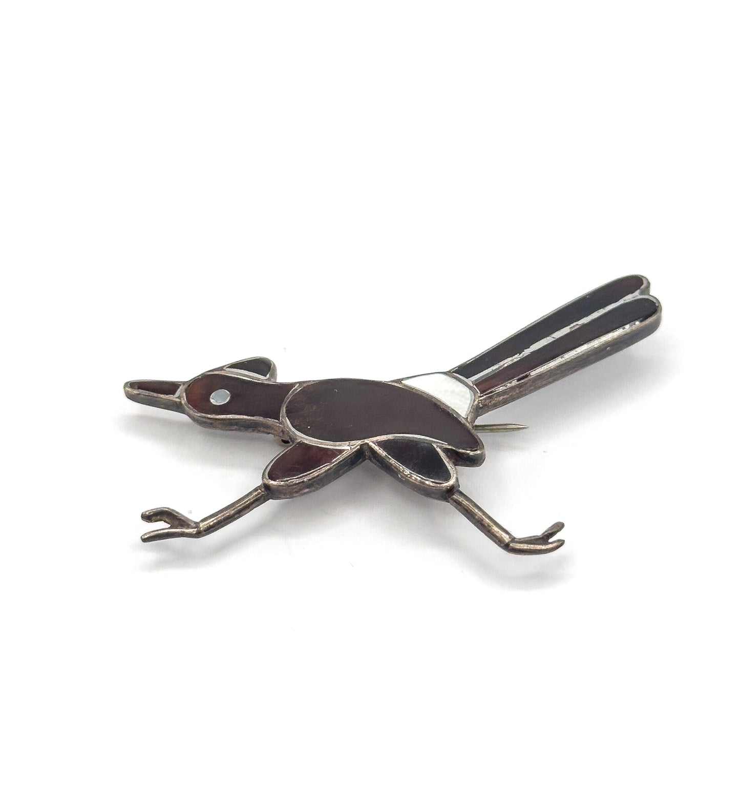 Native American Mother of Pearl & Tortoiseshell Roadrunner Bird Brooch in Silver
