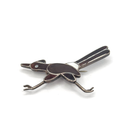 Native American Mother of Pearl & Tortoiseshell Roadrunner Bird Brooch in Silver