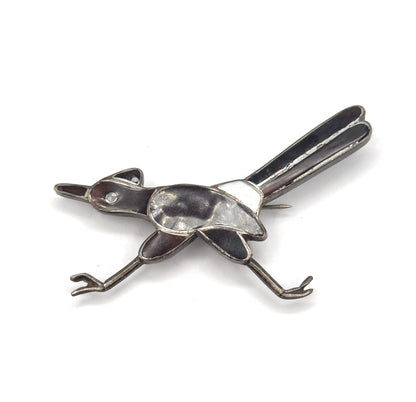 Native American Mother of Pearl & Tortoiseshell Roadrunner Bird Brooch in Silver