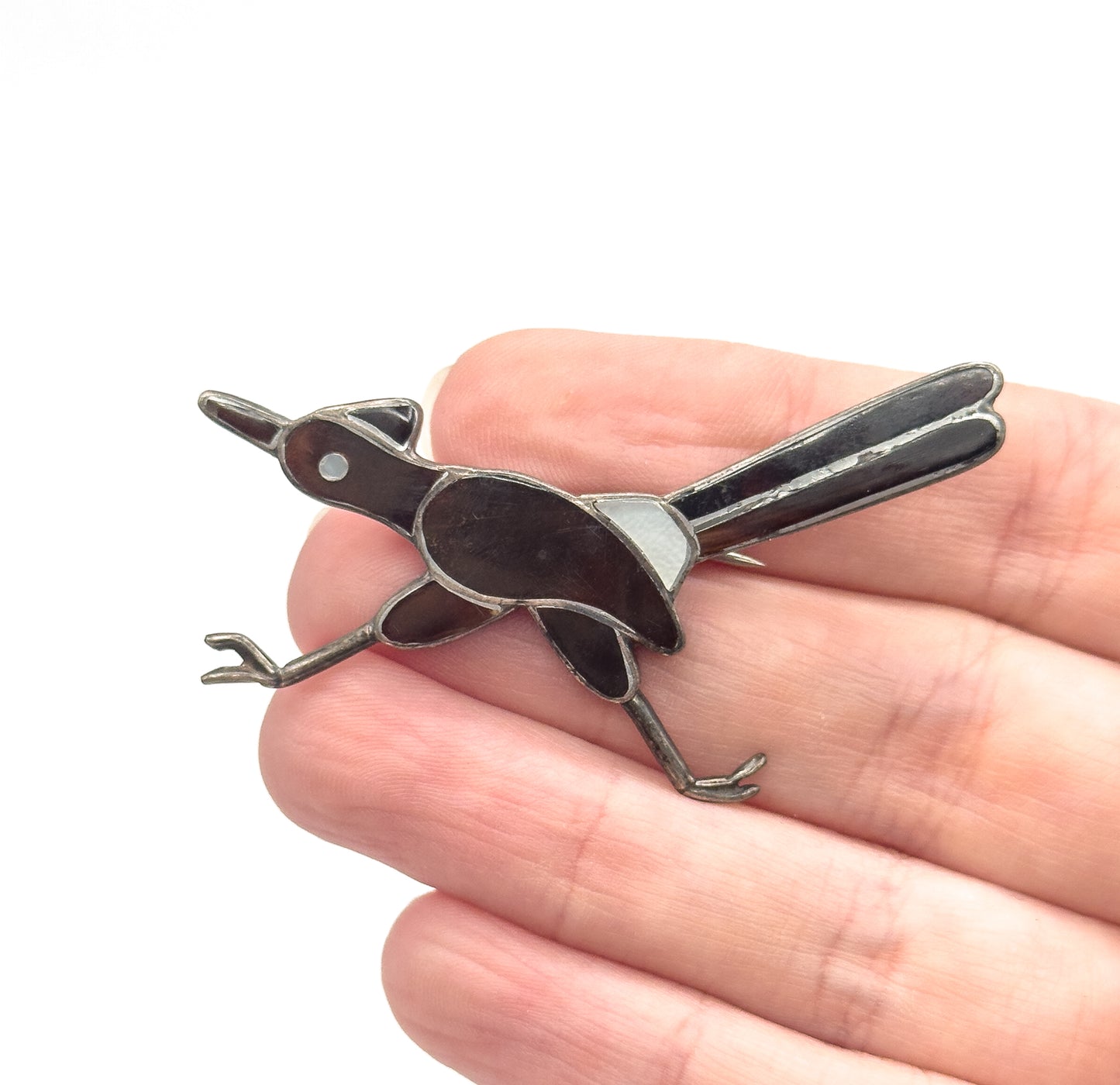 Native American Mother of Pearl & Tortoiseshell Roadrunner Bird Brooch in Silver