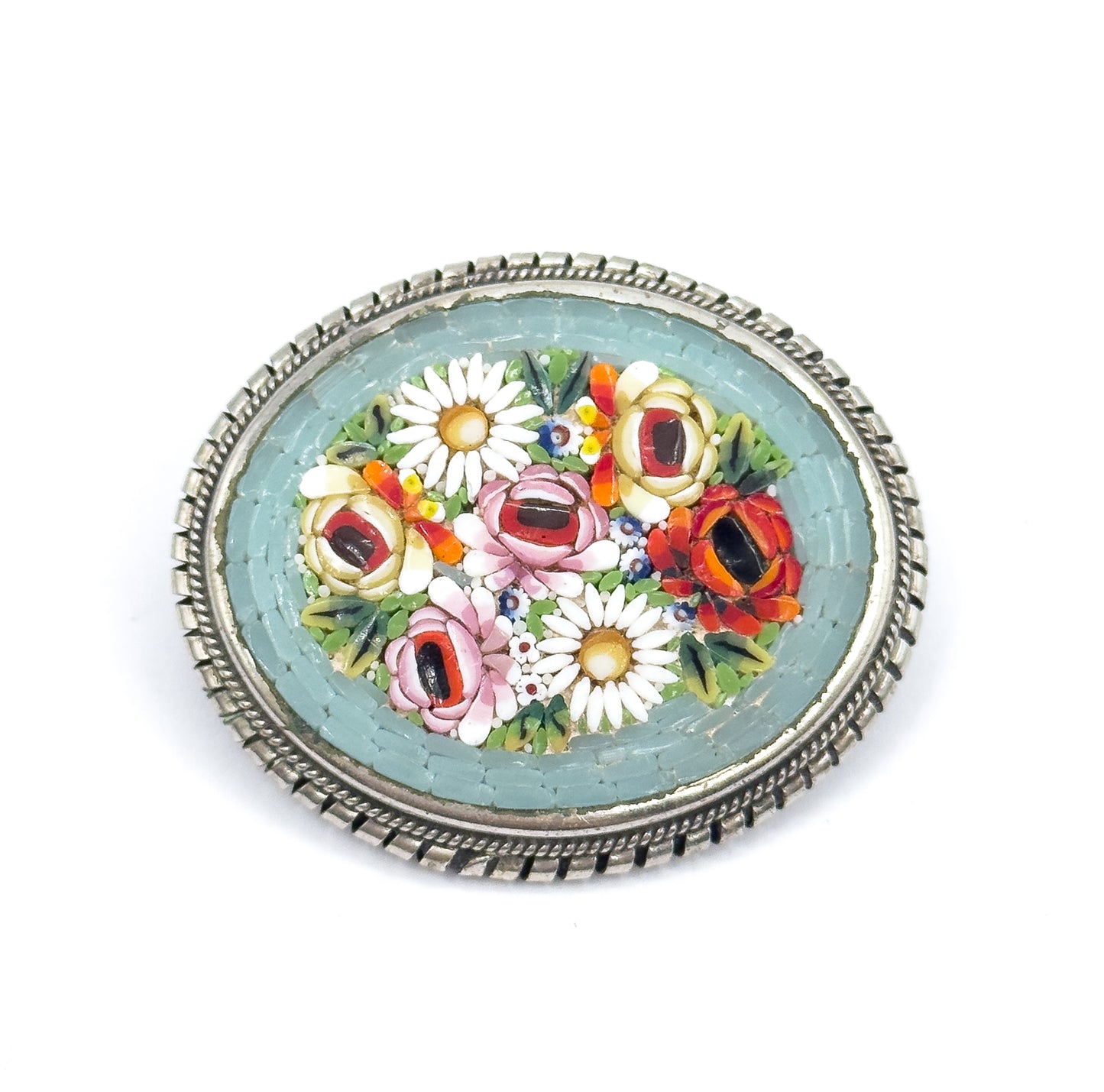 Floral Micromosaic Brooch in Silver Tone Metal