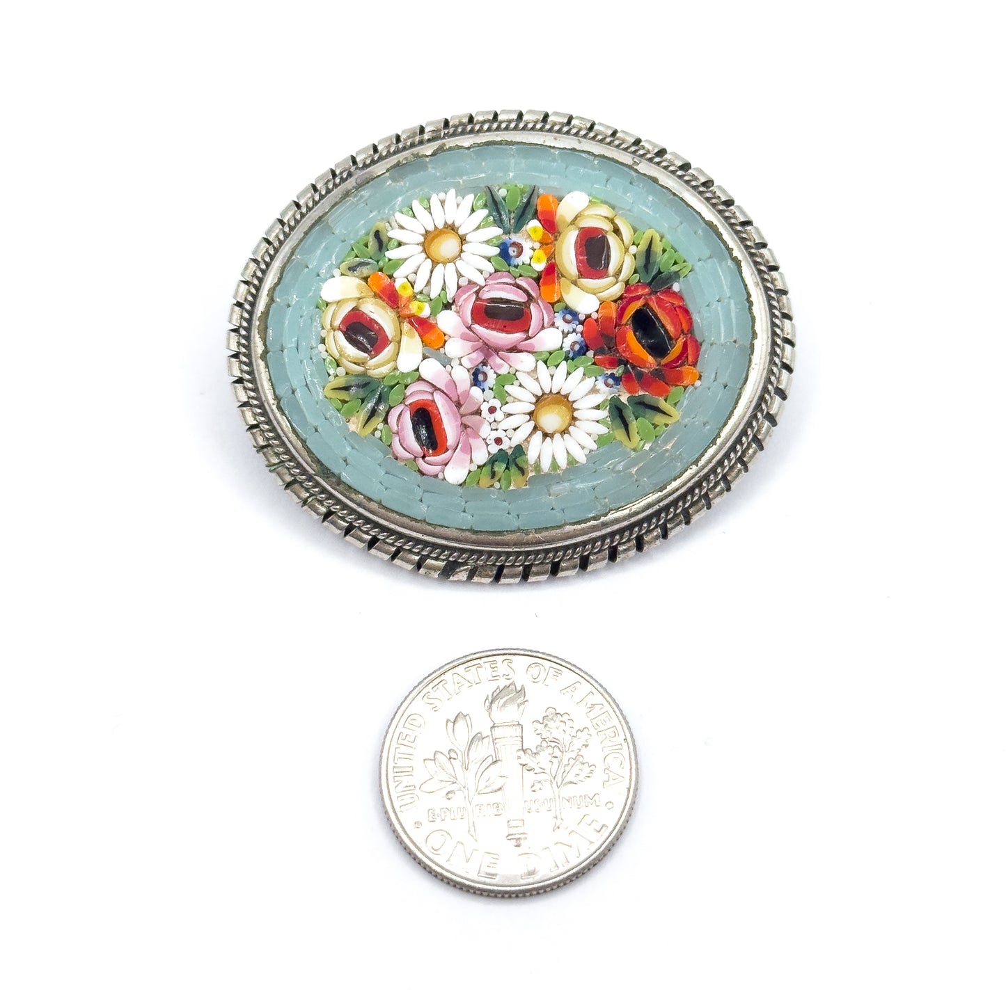 Floral Micromosaic Brooch in Silver Tone Metal