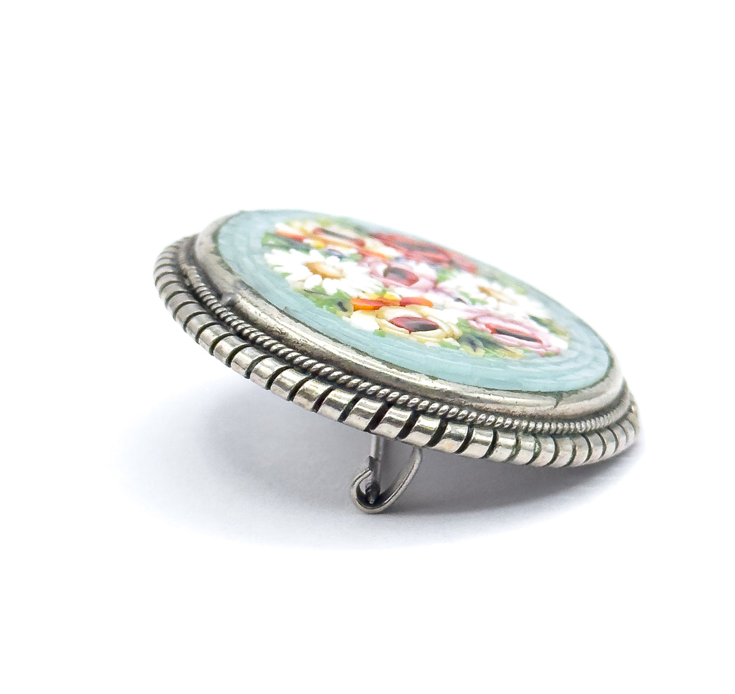 Floral Micromosaic Brooch in Silver Tone Metal