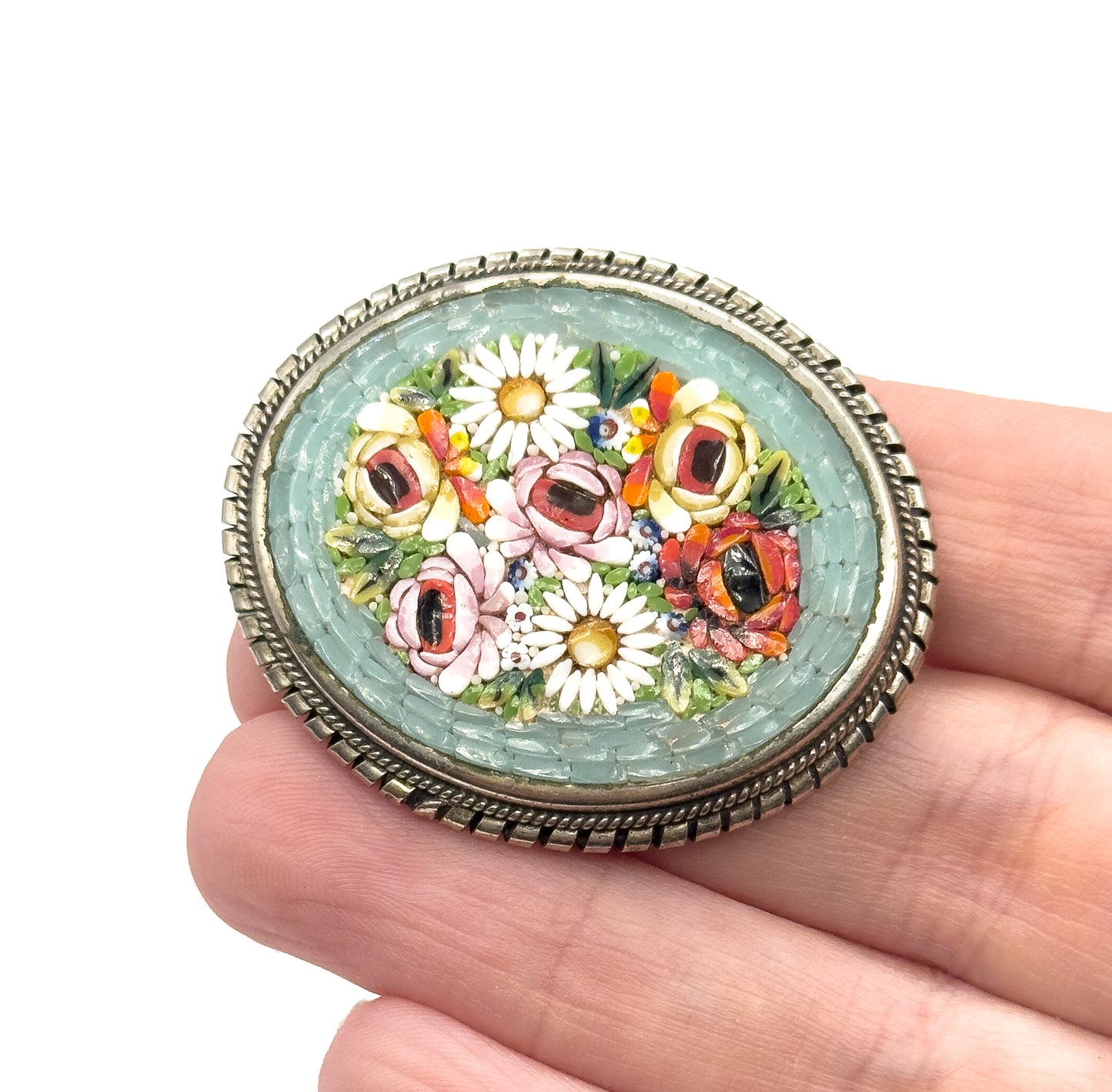Floral Micromosaic Brooch in Silver Tone Metal