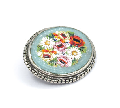 Floral Micromosaic Brooch in Silver Tone Metal