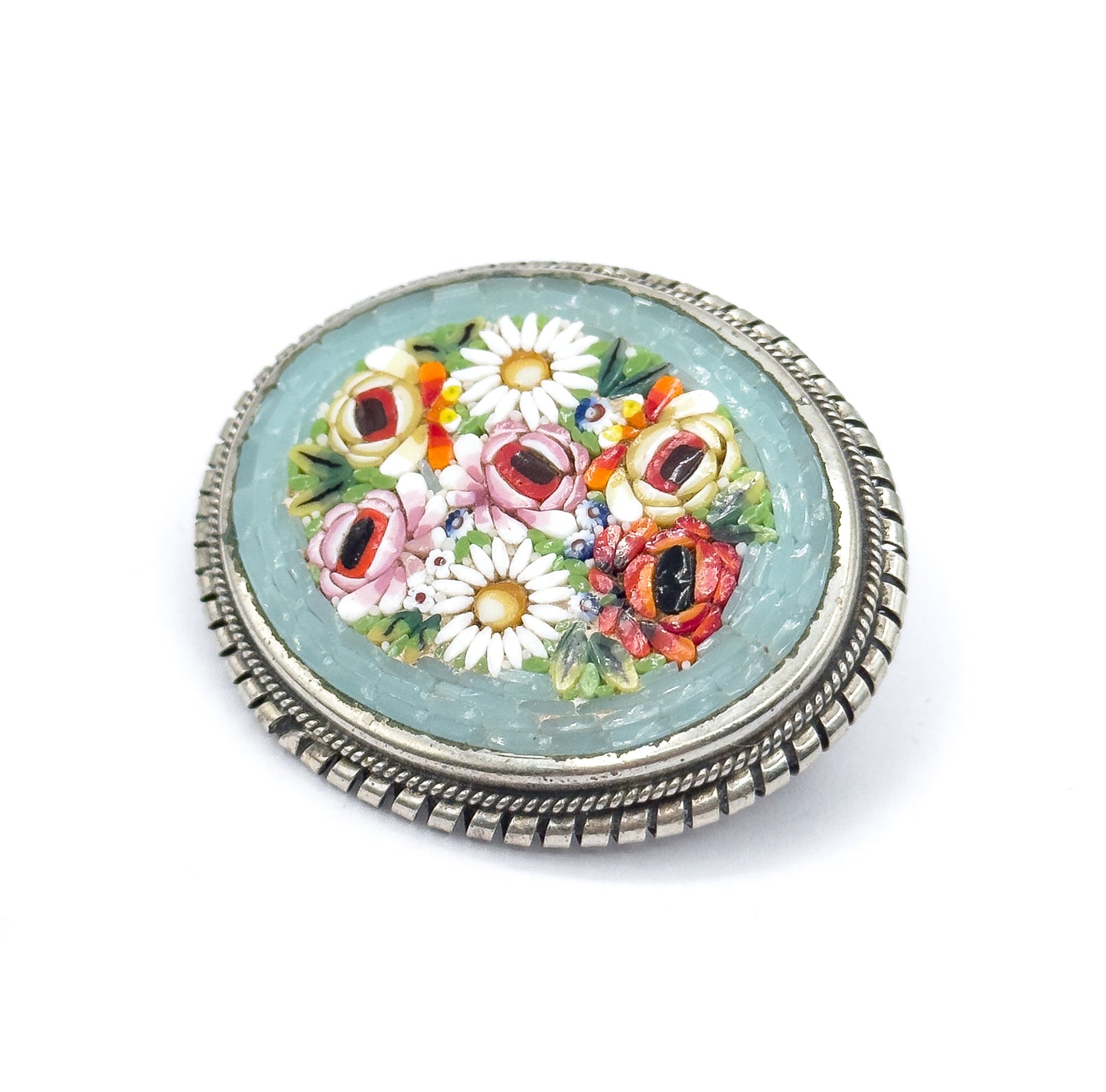 Floral Micromosaic Brooch in Silver Tone Metal