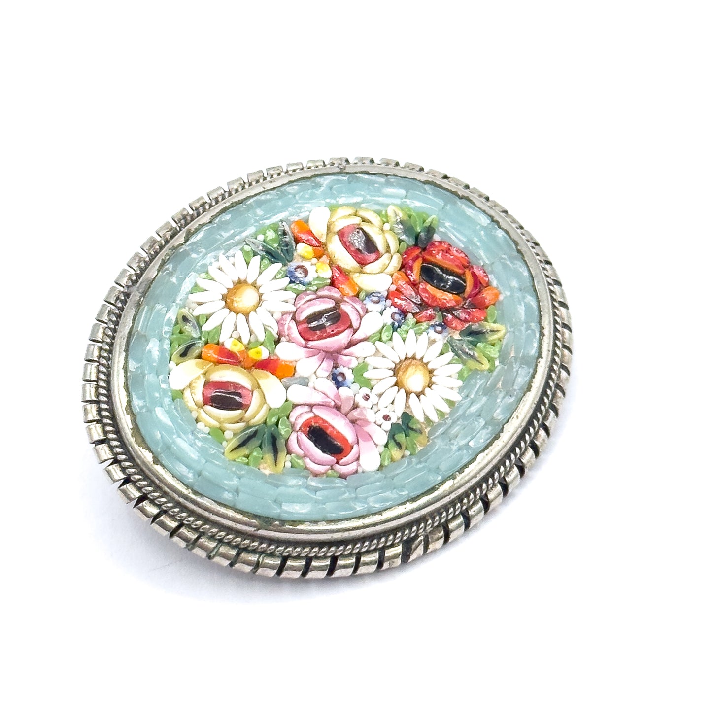 Floral Micromosaic Brooch in Silver Tone Metal