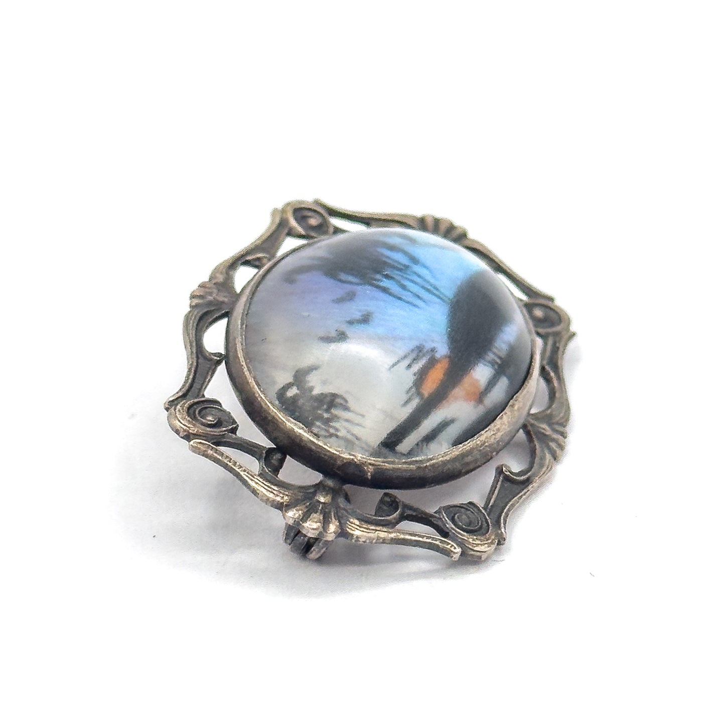 Vintage Butterfly Wing Cabochon Brooch in Sterling Silver