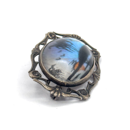 Vintage Butterfly Wing Cabochon Brooch in Sterling Silver