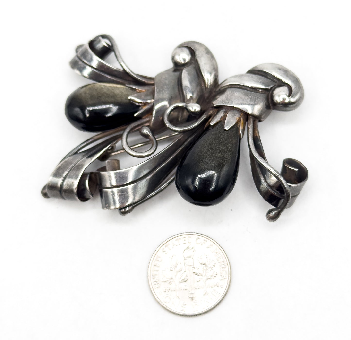 Mid Century Retro Era Mexican Brooch with Golden Sheen Obsidian